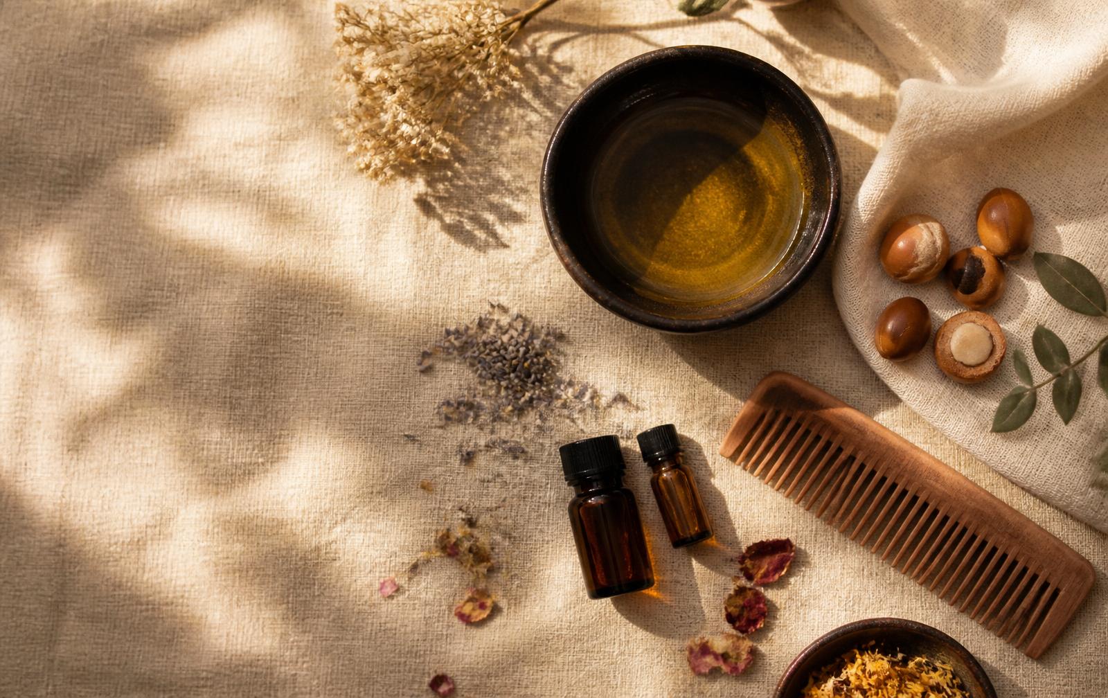 Flat lay of oil in a dark bowl, argan nuts, dried flowers and a comb on linen