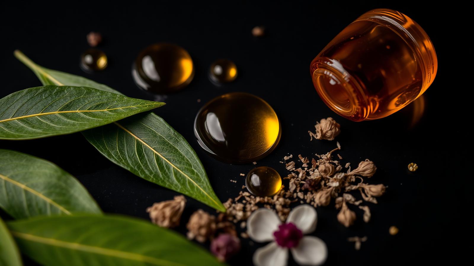 Golden oil droplets, leaves and dried botanicals on black