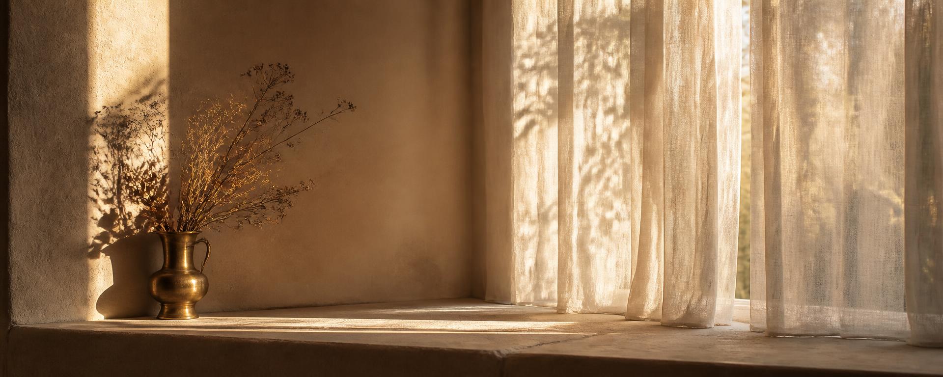 Evening light across a stone sill with dried botanicals in a brass vessel