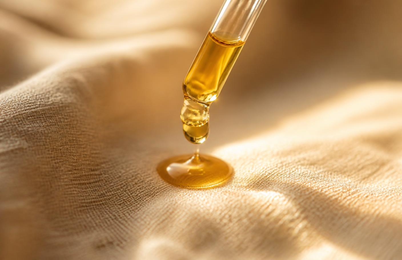 A drop of golden oil falling from a glass dropper onto ivory linen