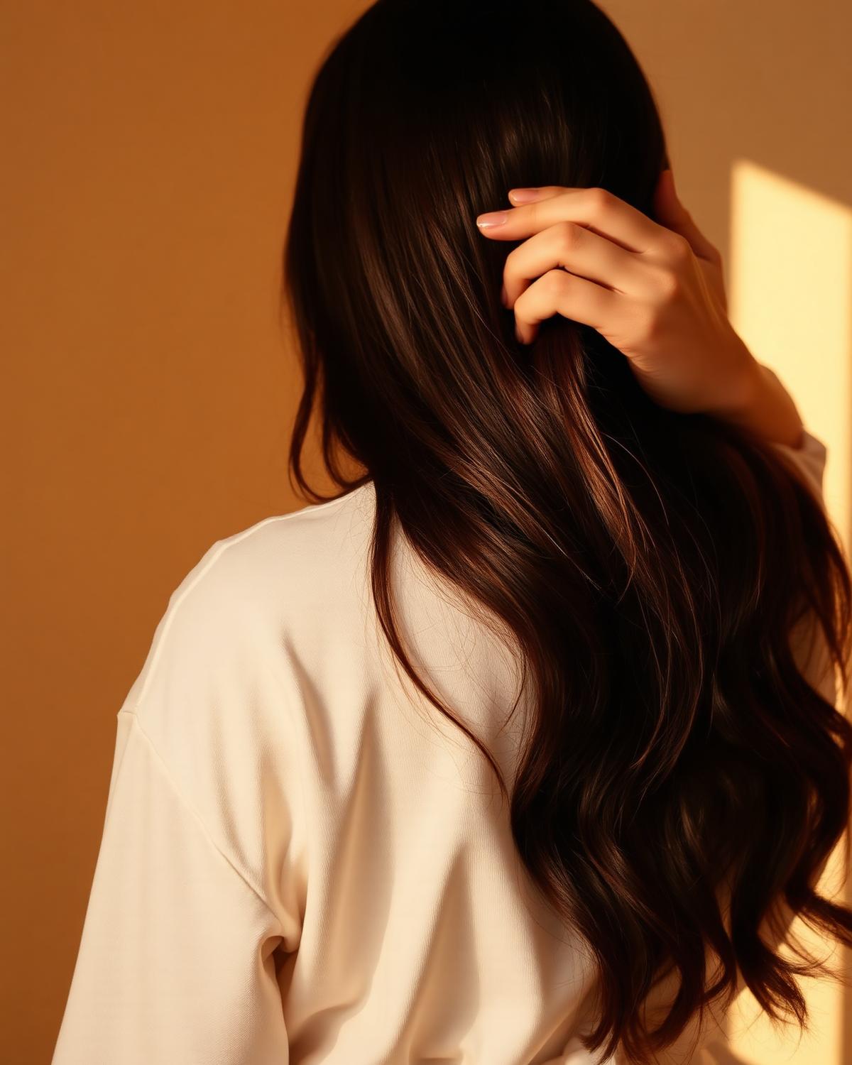 Long dark hair falling over an ivory linen robe in warm evening light