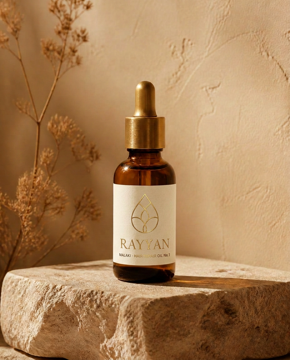 Malaki bottle with the gold Rayyan emblem on a stone plinth in warm light