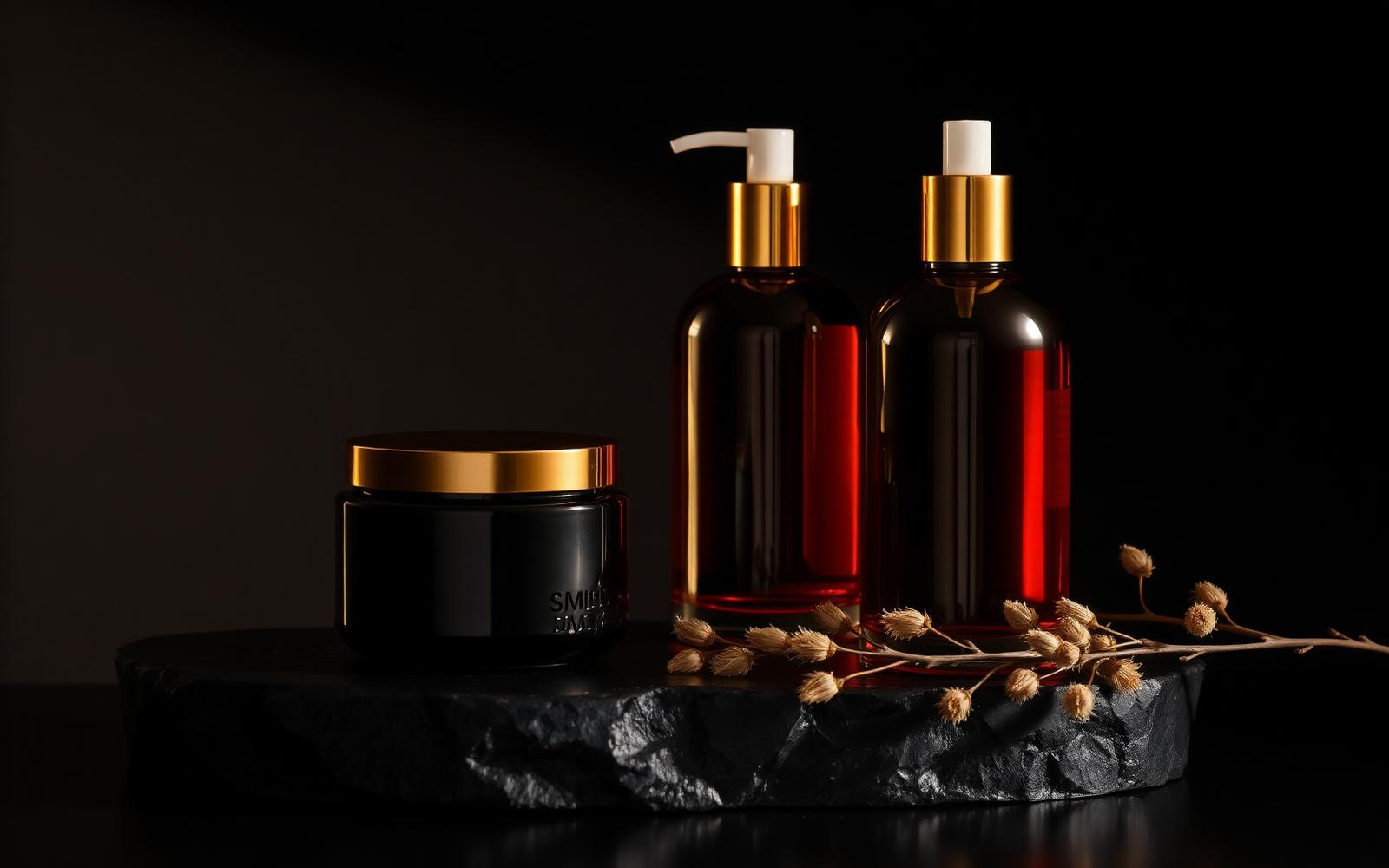 RAYYAN amber bottles and black jar arranged on dark stone