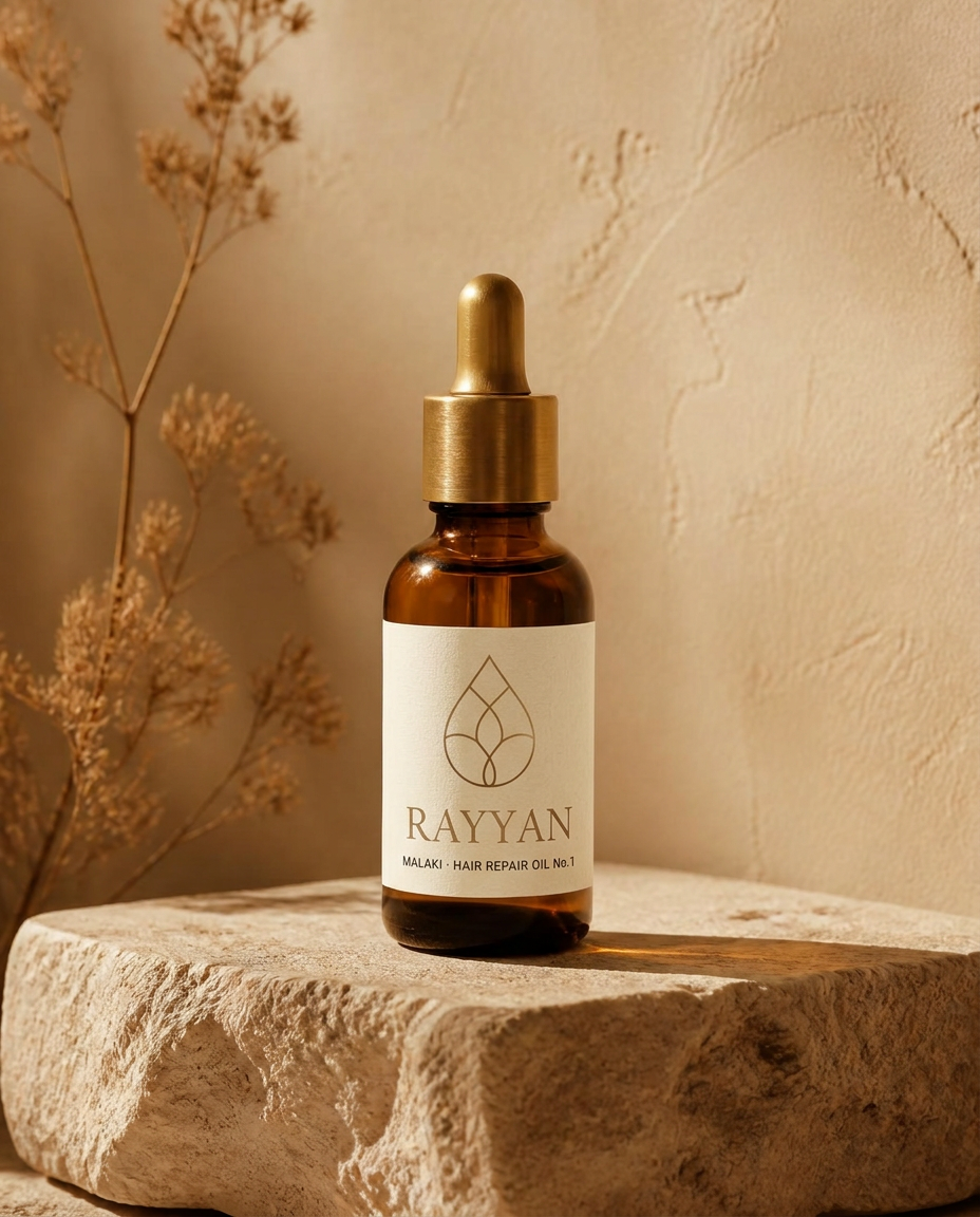 Malaki hair oil in amber glass with a brushed gold dropper on a stone plinth