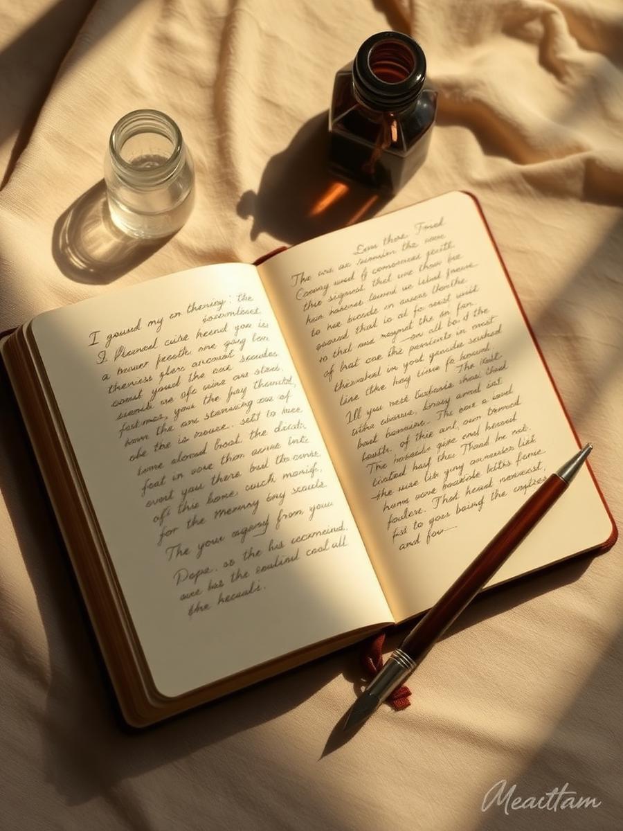 An open handwritten book beside an inkwell on linen