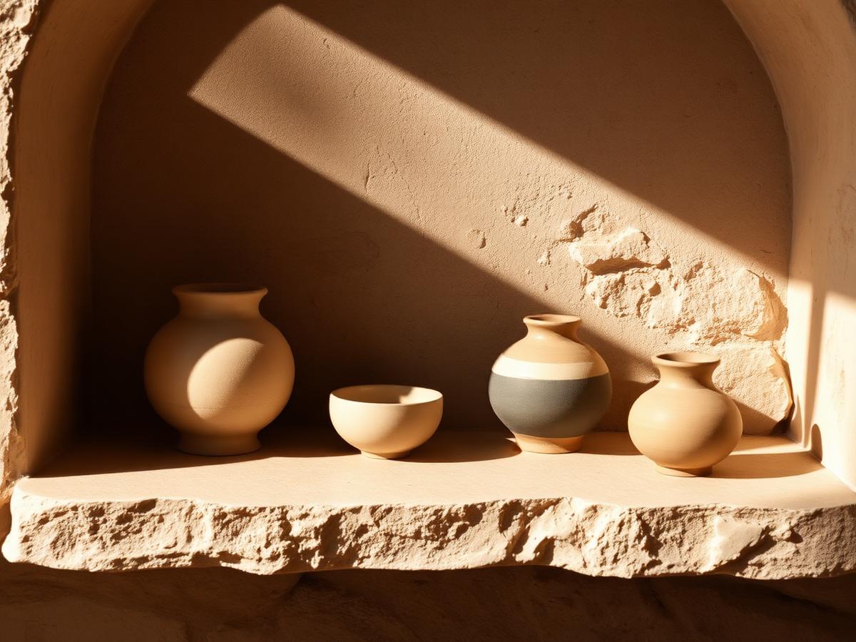 Brass vessels and a ceramic bowl in low afternoon light