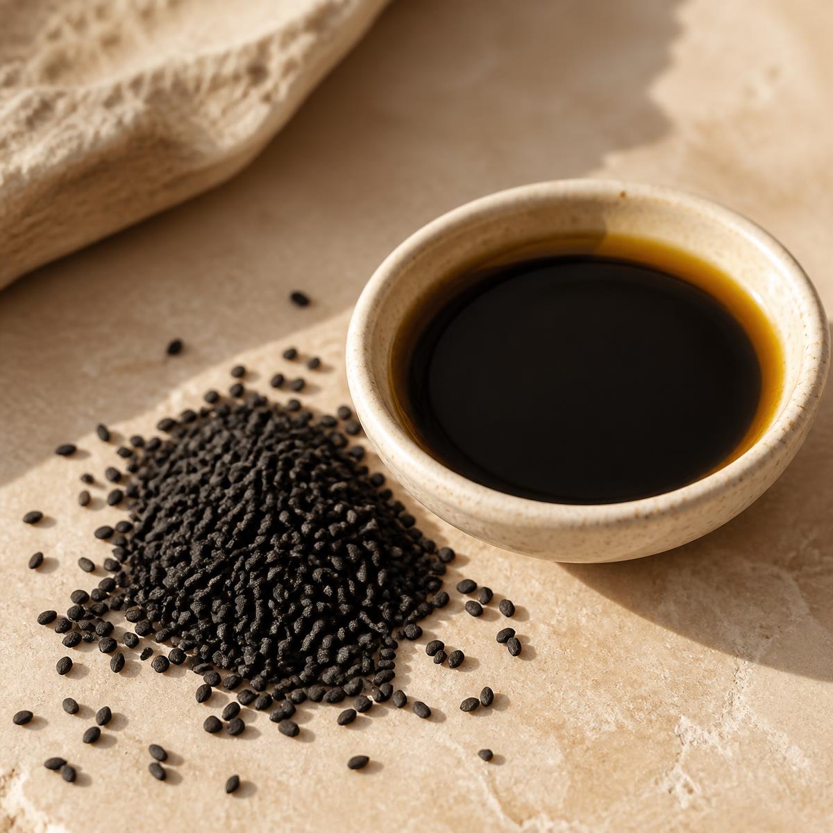 A small ceramic dish of black seed oil beside scattered black cumin seeds