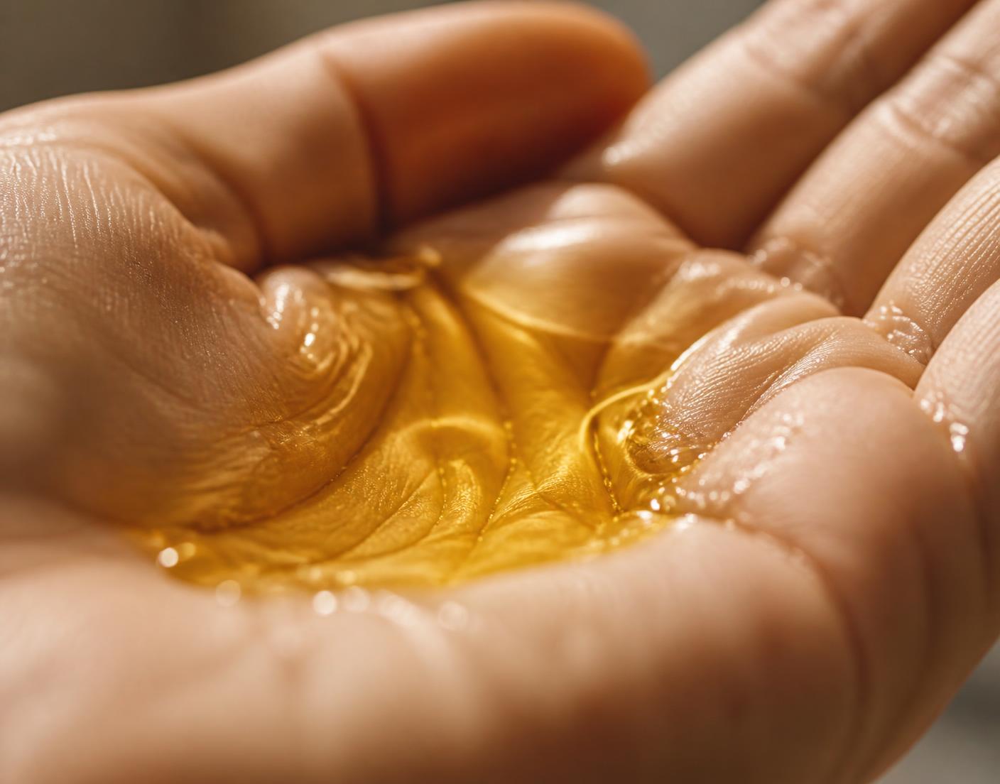Macro detail of golden hair oil pooled in an open palm