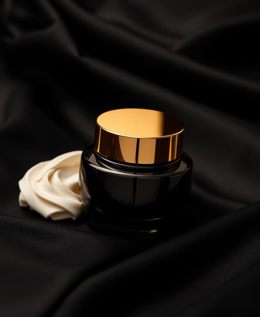 Black glass cream jar with gold lid on black silk