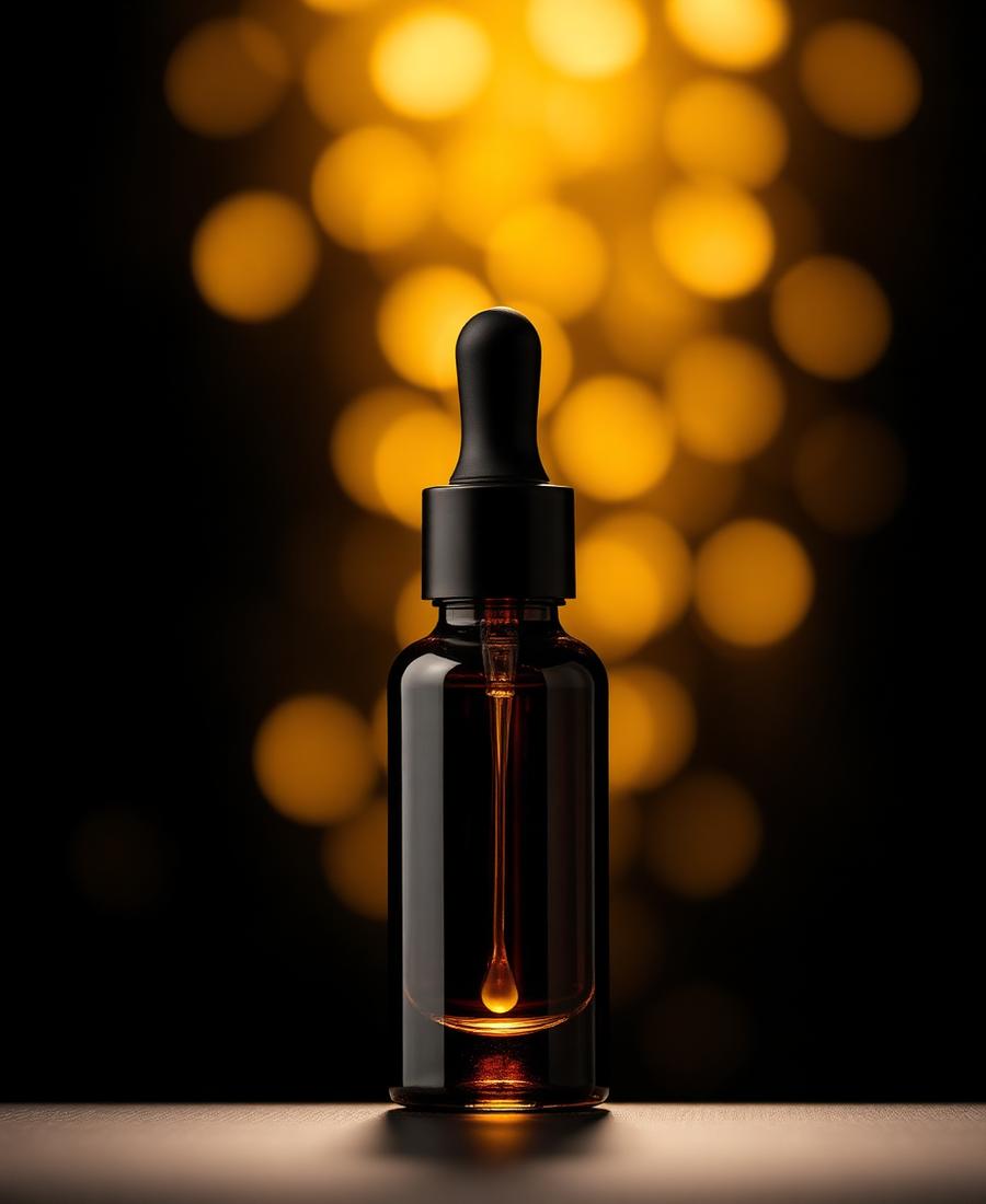 Dark amber dropper serum bottle glowing against golden bokeh