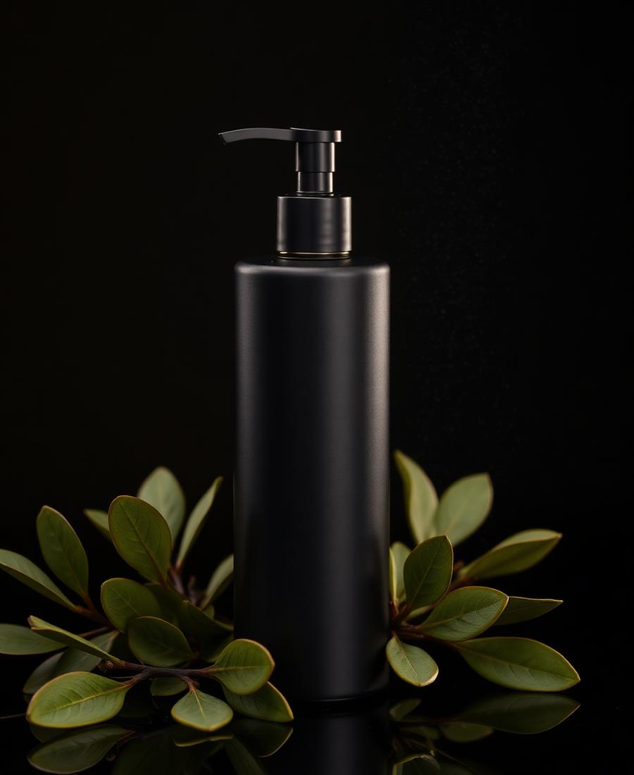 Matte black shampoo bottle surrounded by green leaves
