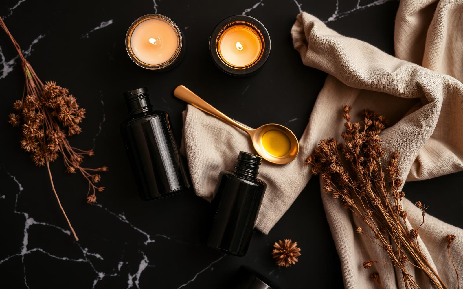 Flat lay of RAYYAN ritual: dark bottles, gold spoon of oil, candles and dried botanicals on black marble