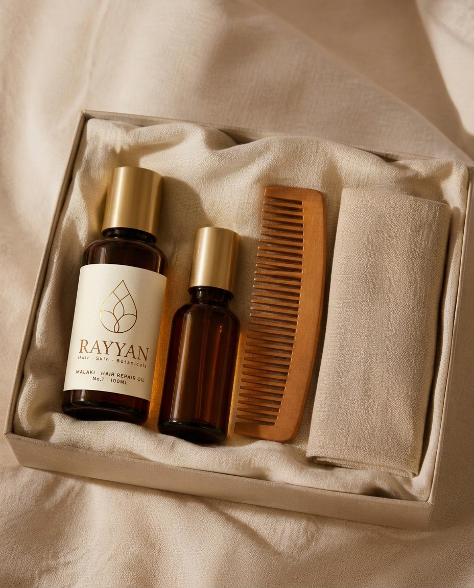 Gift box with two amber oil bottles, a wooden comb and linen wrap