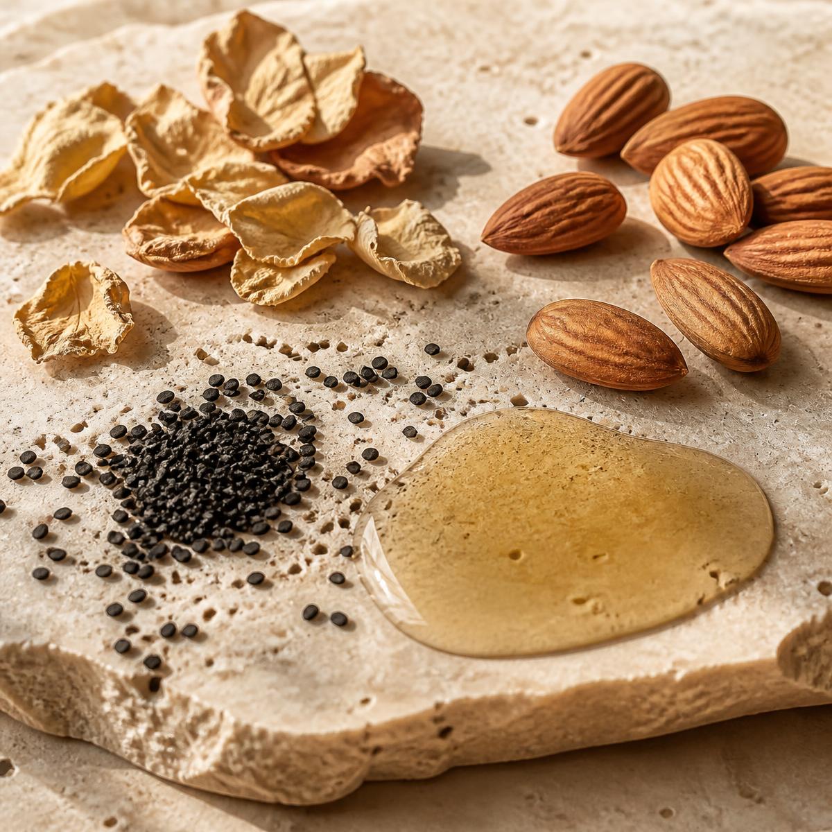 Black seeds, dried petals and almond kernels beside a pool of golden oil on pale stone